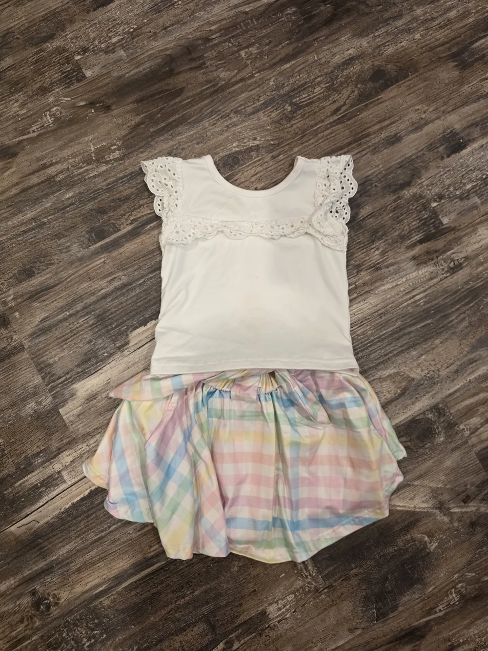 Girls White Eyelet Top with Pastel Gingham Skirt - Kids Matching Set